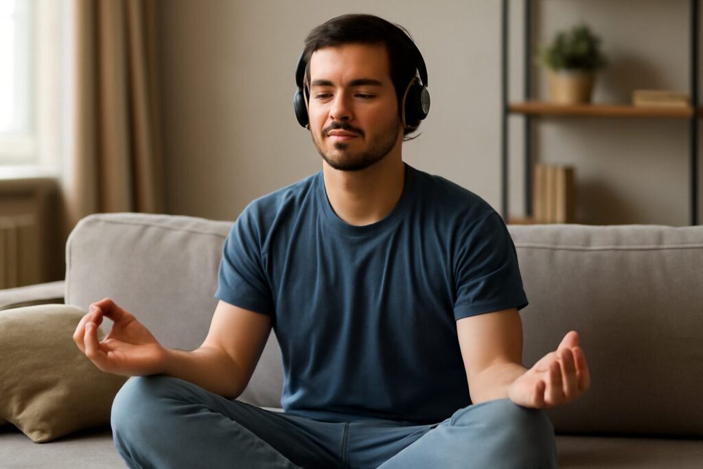 Person sitting cross-legged on a yoga mat in a peaceful room, eyes closed, practicing a guided 10 minute meditation for anxiety relief and relaxation.