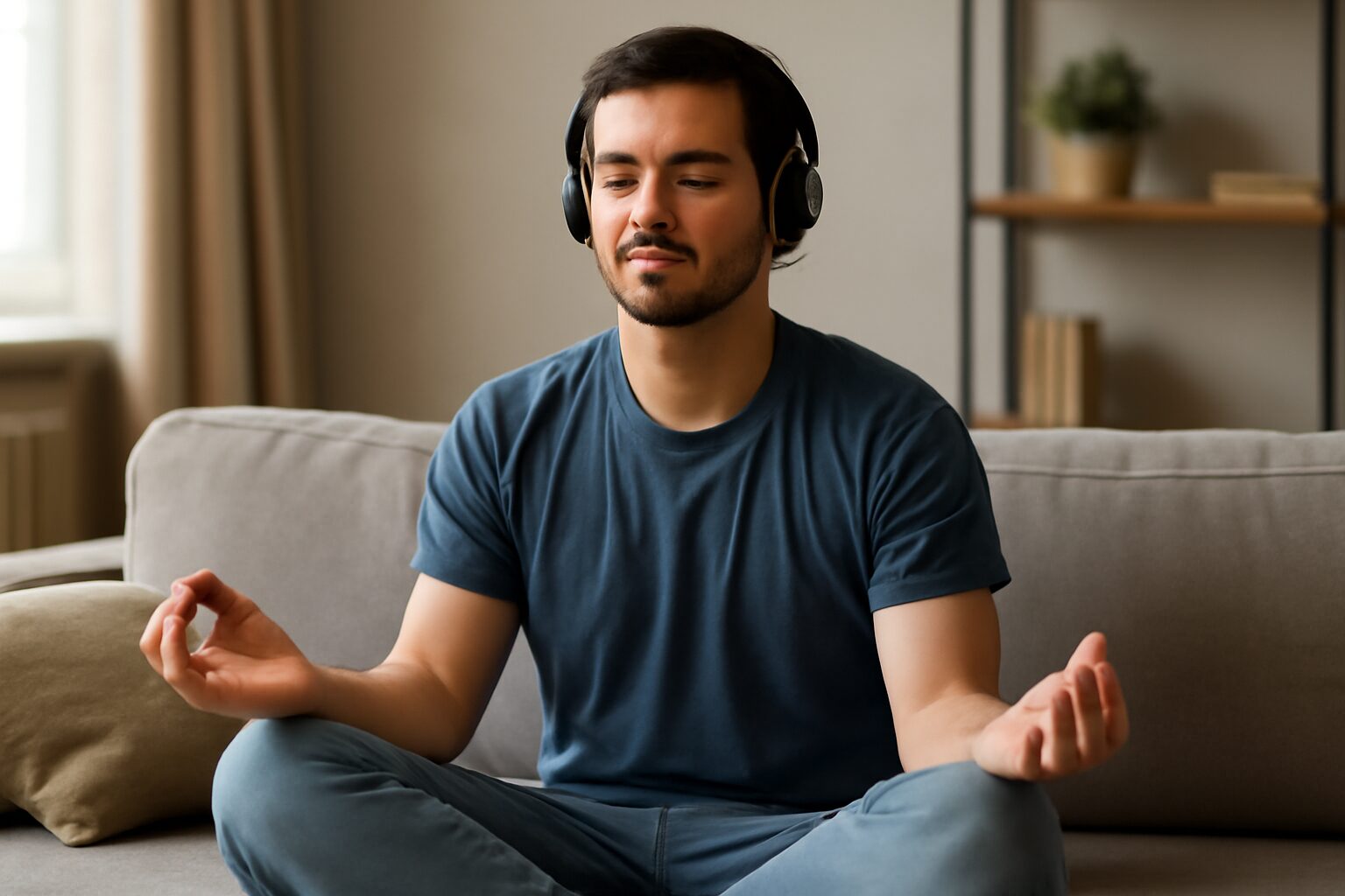 Person sitting cross-legged on a yoga mat in a peaceful room, eyes closed, practicing a guided 10 minute meditation for anxiety relief and relaxation.