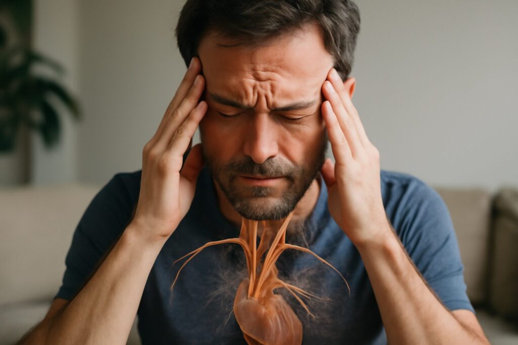 Person practicing vagus nerve exercises for anxiety relief, including deep breathing and gentle neck stretches, to promote relaxation and calm the nervous system.