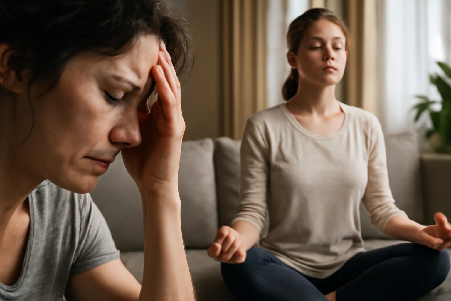 A person sits cross-legged on a yoga mat in a peaceful room, practicing meditation for anxiety relief with eyes closed and hands resting on knees.