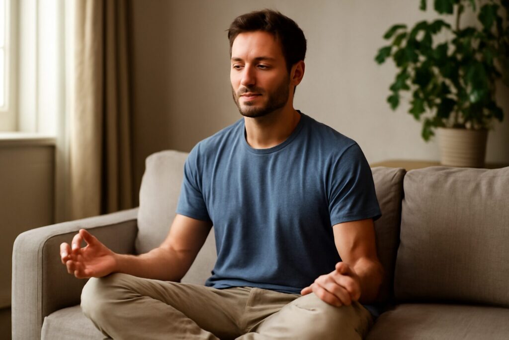 A person sitting cross-legged on a yoga mat in a peaceful room, practicing meditation for stress and anxiety relief, with soft natural light.
