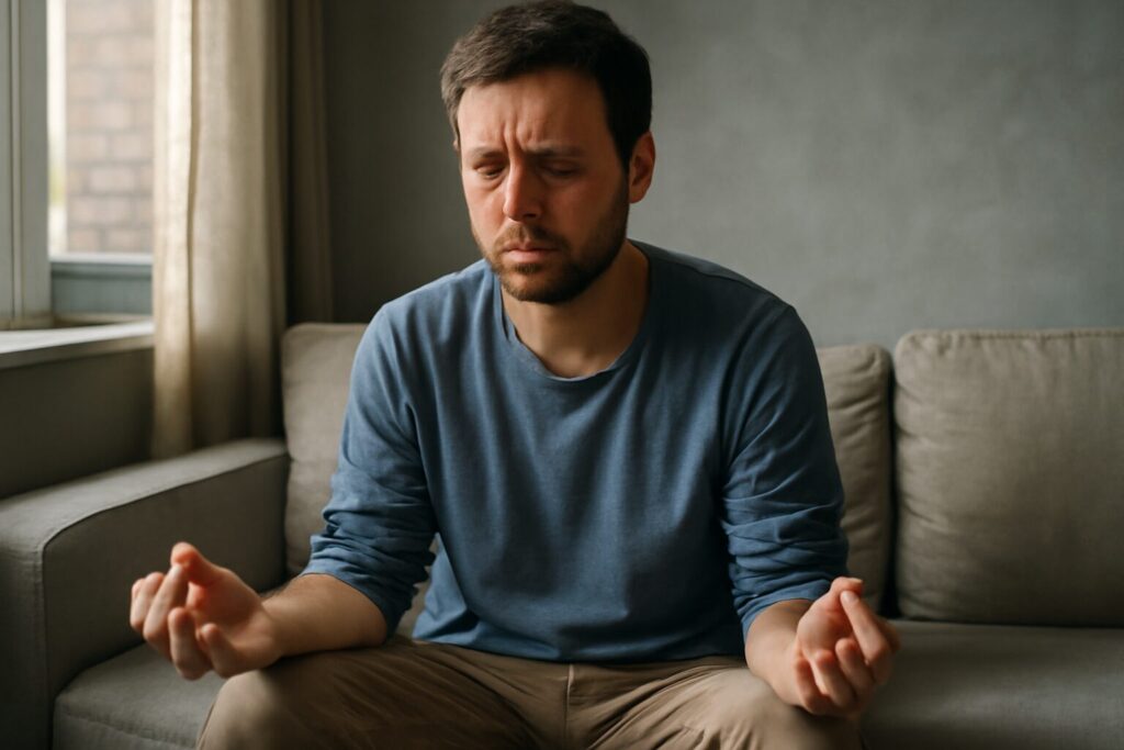 Person practicing mindfulness exercises for depression, sitting cross-legged on a yoga mat, eyes closed, focusing on breathing in a calm, sunlit room.