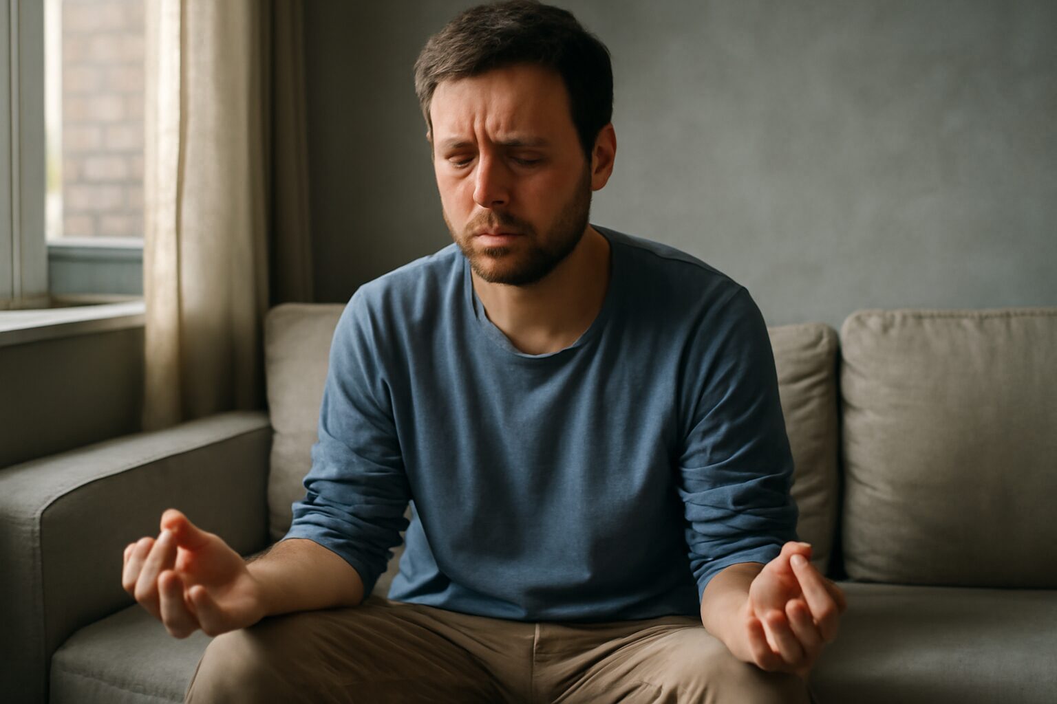 Person practicing mindfulness exercises for depression, sitting cross-legged on a yoga mat, eyes closed, focusing on breathing in a calm, sunlit room.