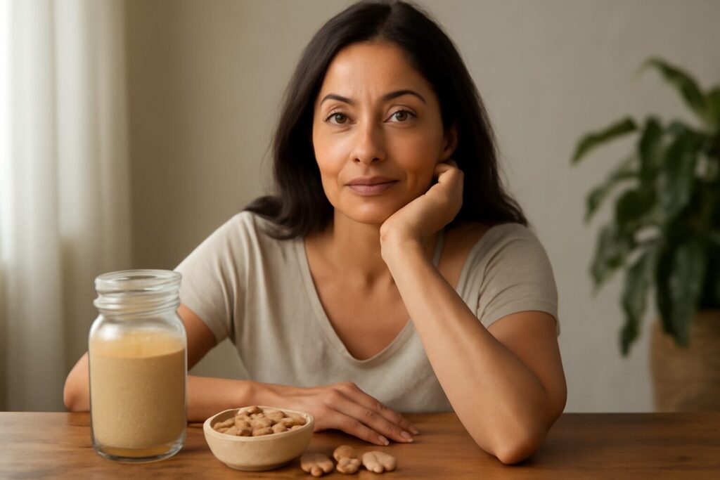 Illustration showing benefits of ashwagandha for women, including stress relief, hormonal balance, improved energy, and enhanced reproductive health.
