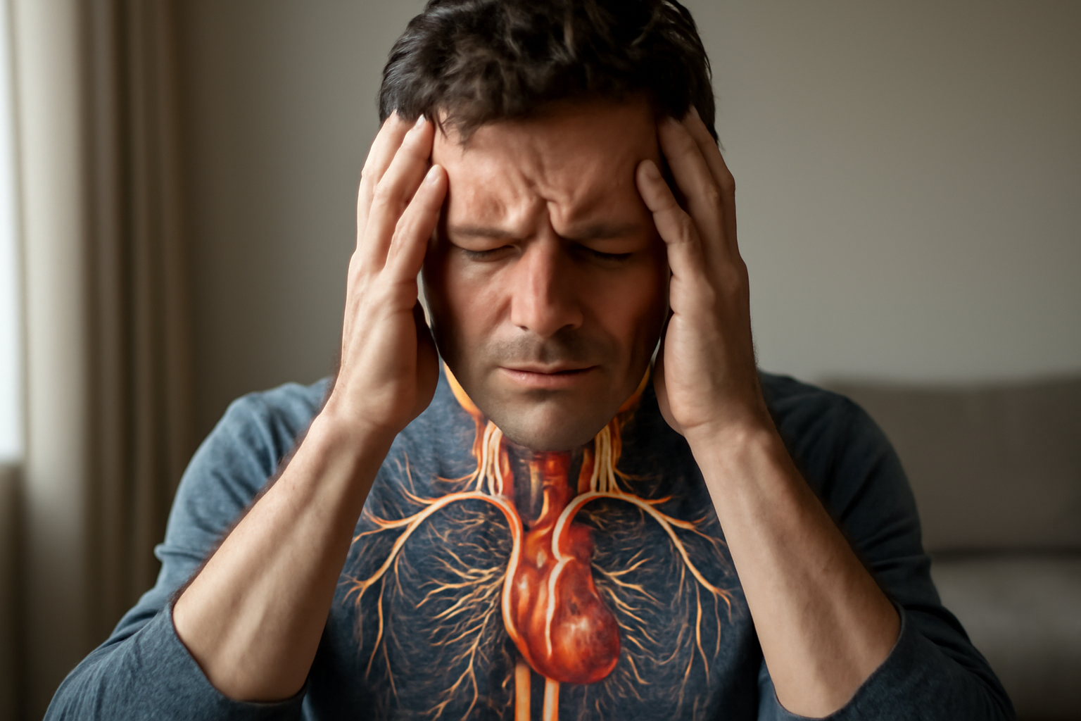 Man holding head with overlaid heart and nerve illustration