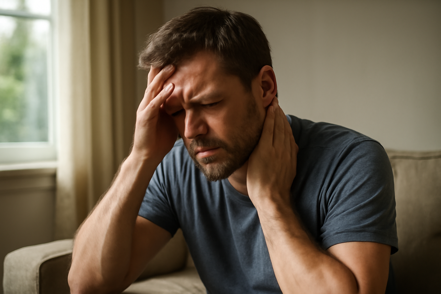 Man sitting with eyes closed holding head and neck in discomfort