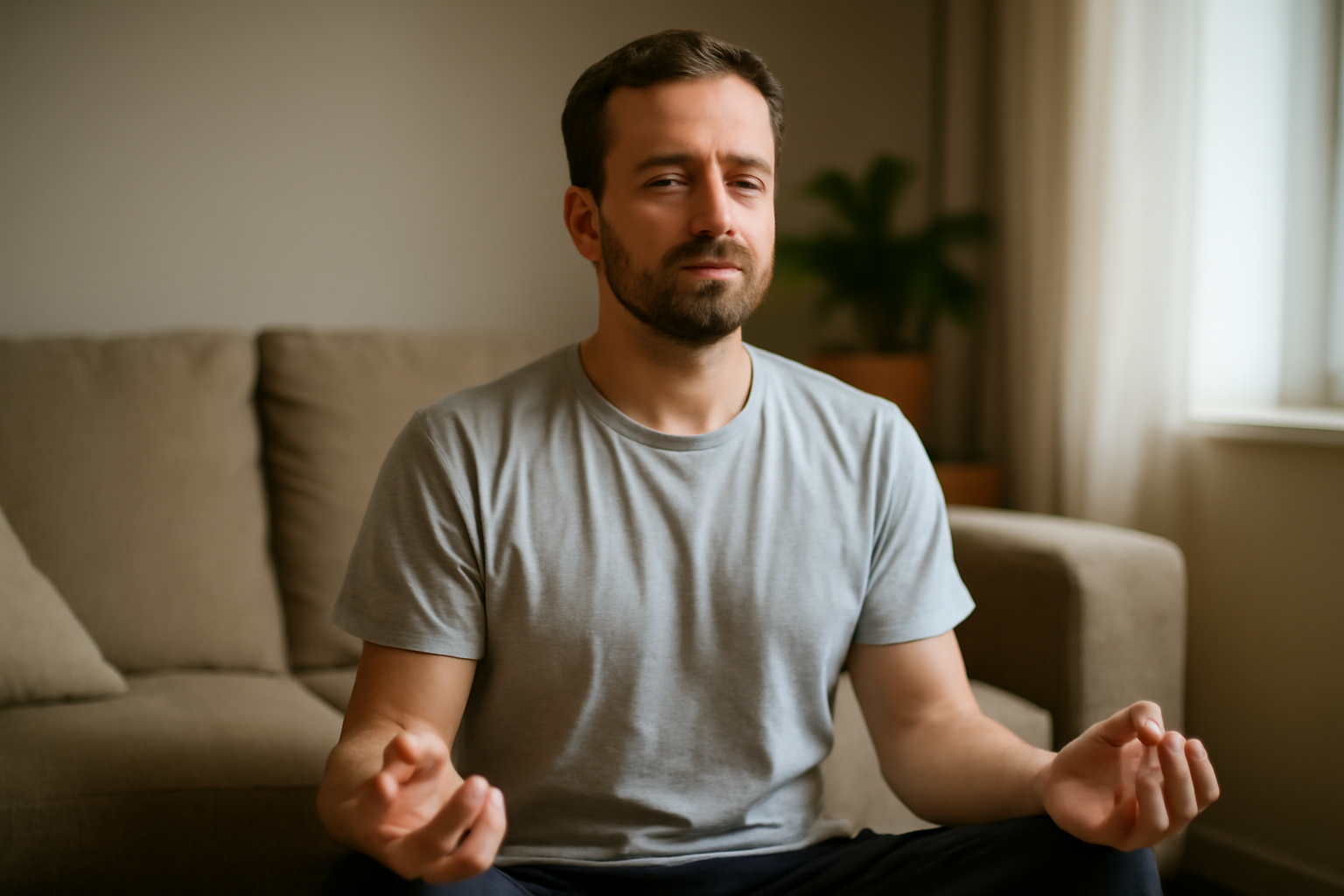 Man meditating with eyes closed seated on couch
