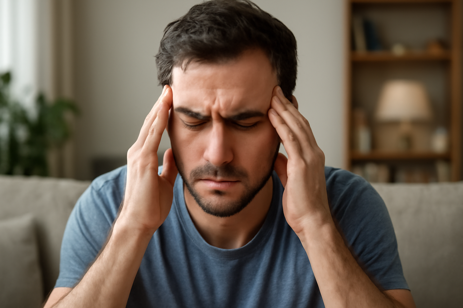 Man holding temples with eyes closed, appearing stressed or anxious