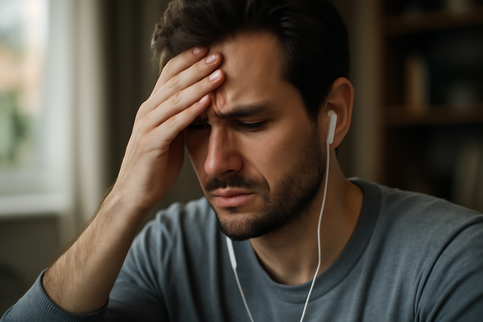 Man with earbuds holding forehead, appearing worried or stressed