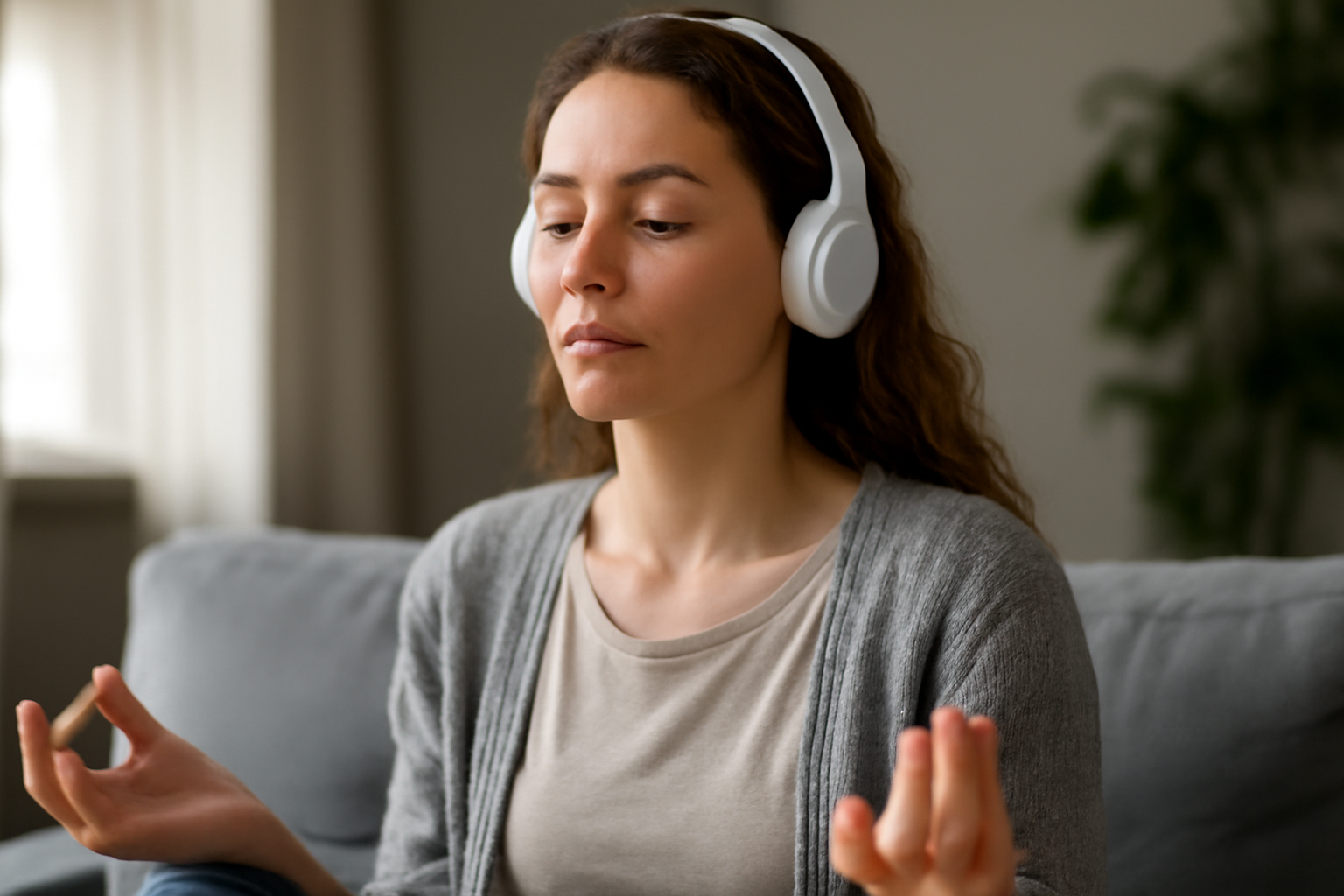 Woman meditating with headphones on, sitting calmly indoors