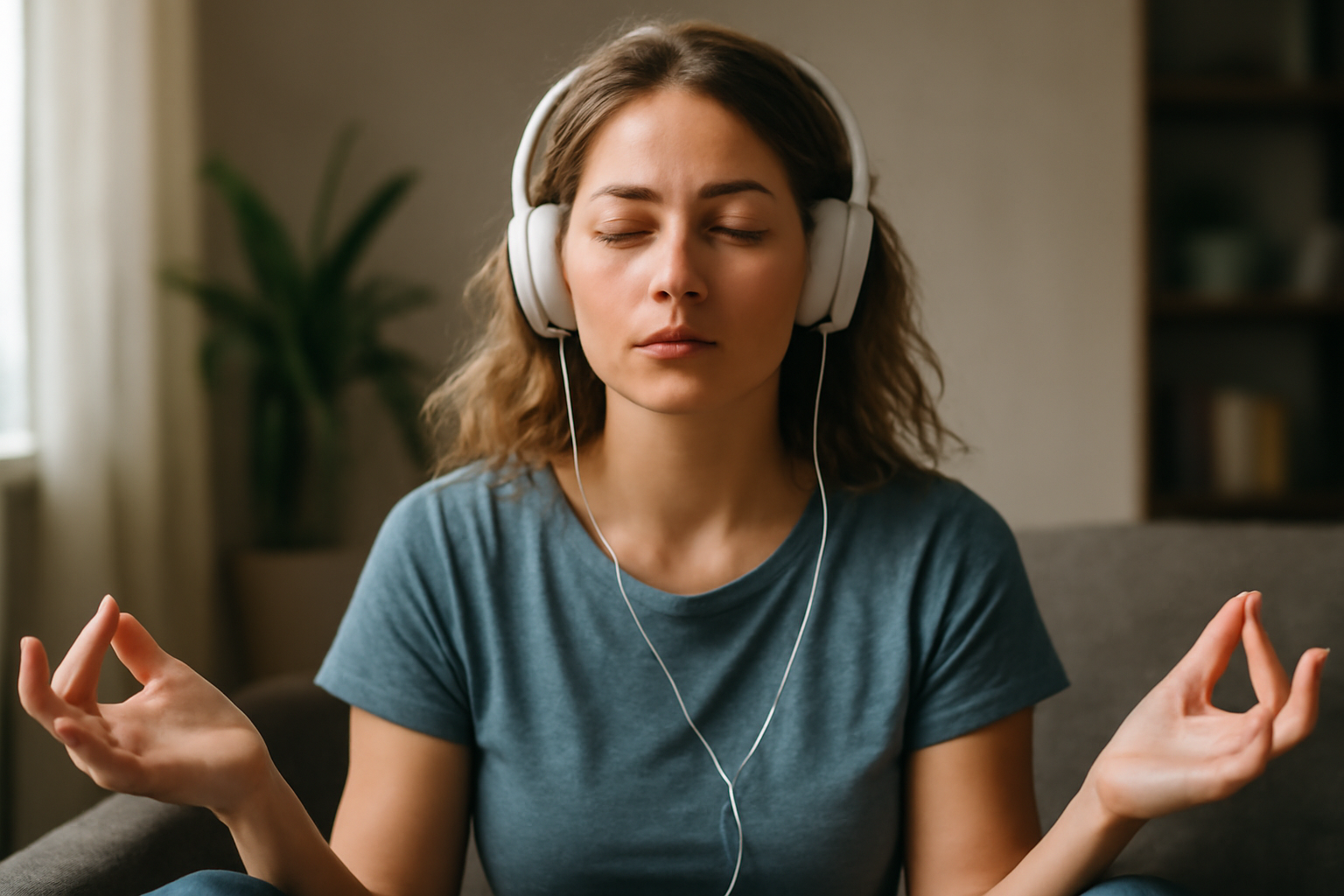 Woman meditating with headphones and closed eyes