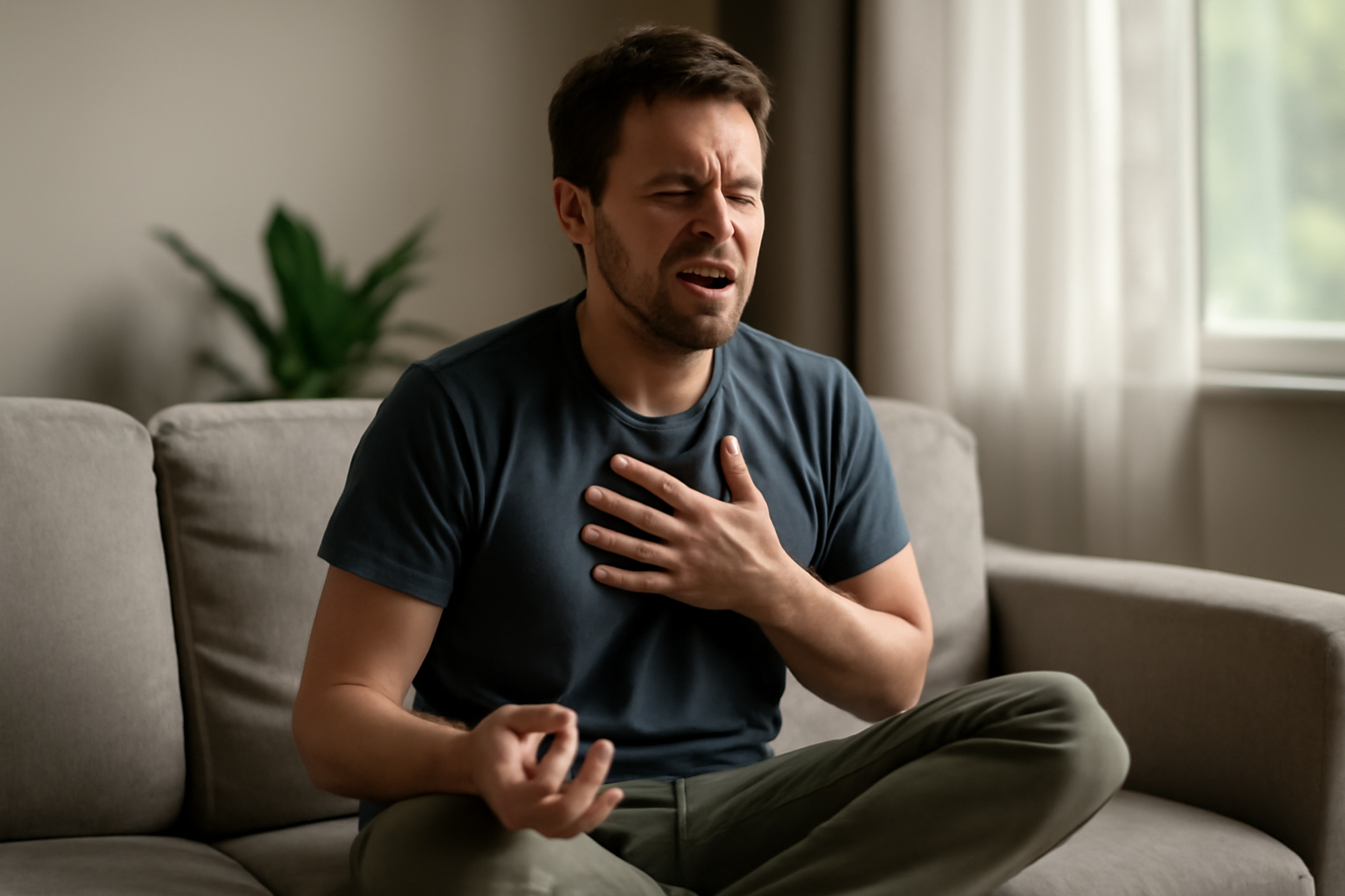 Man sitting cross-legged on couch with hand on chest meditating