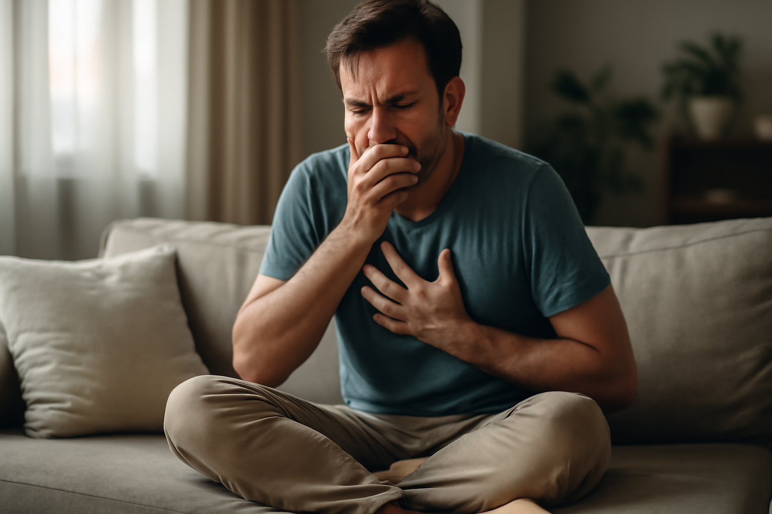 Man sitting on sofa clutching chest and covering mouth in discomfort