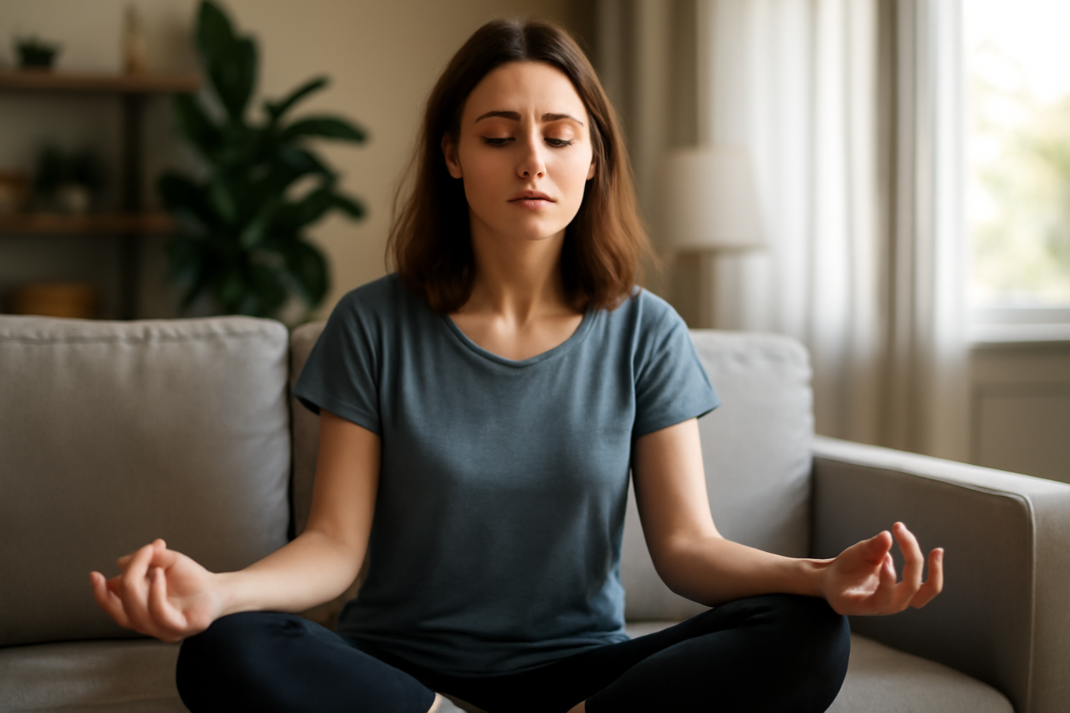 Woman meditating with eyes closed sitting cross-legged on couch