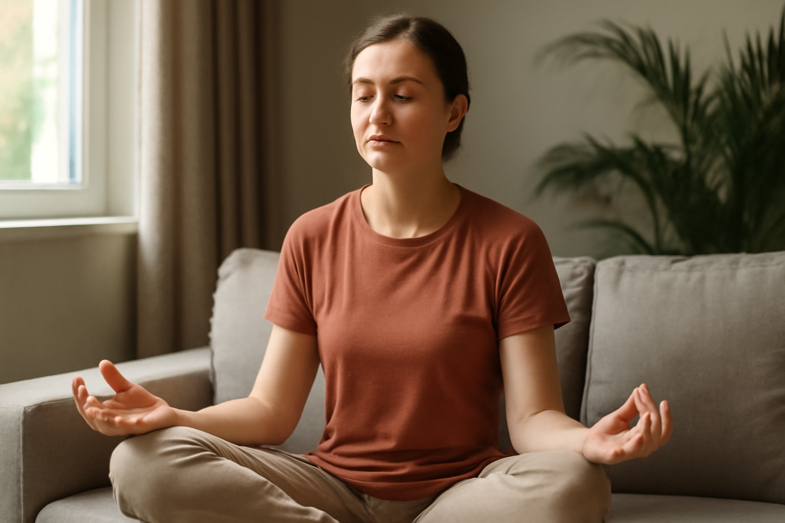 Calm woman meditating cross-legged on sofa with closed eyes