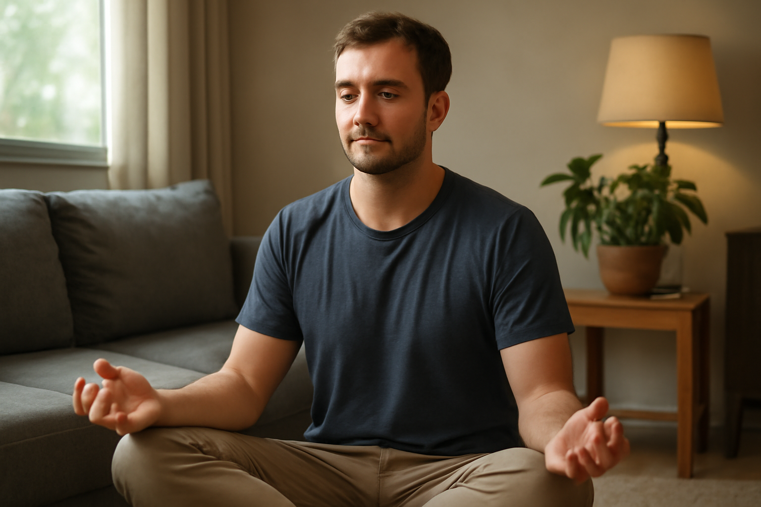 Man meditating calmly in a living room setting