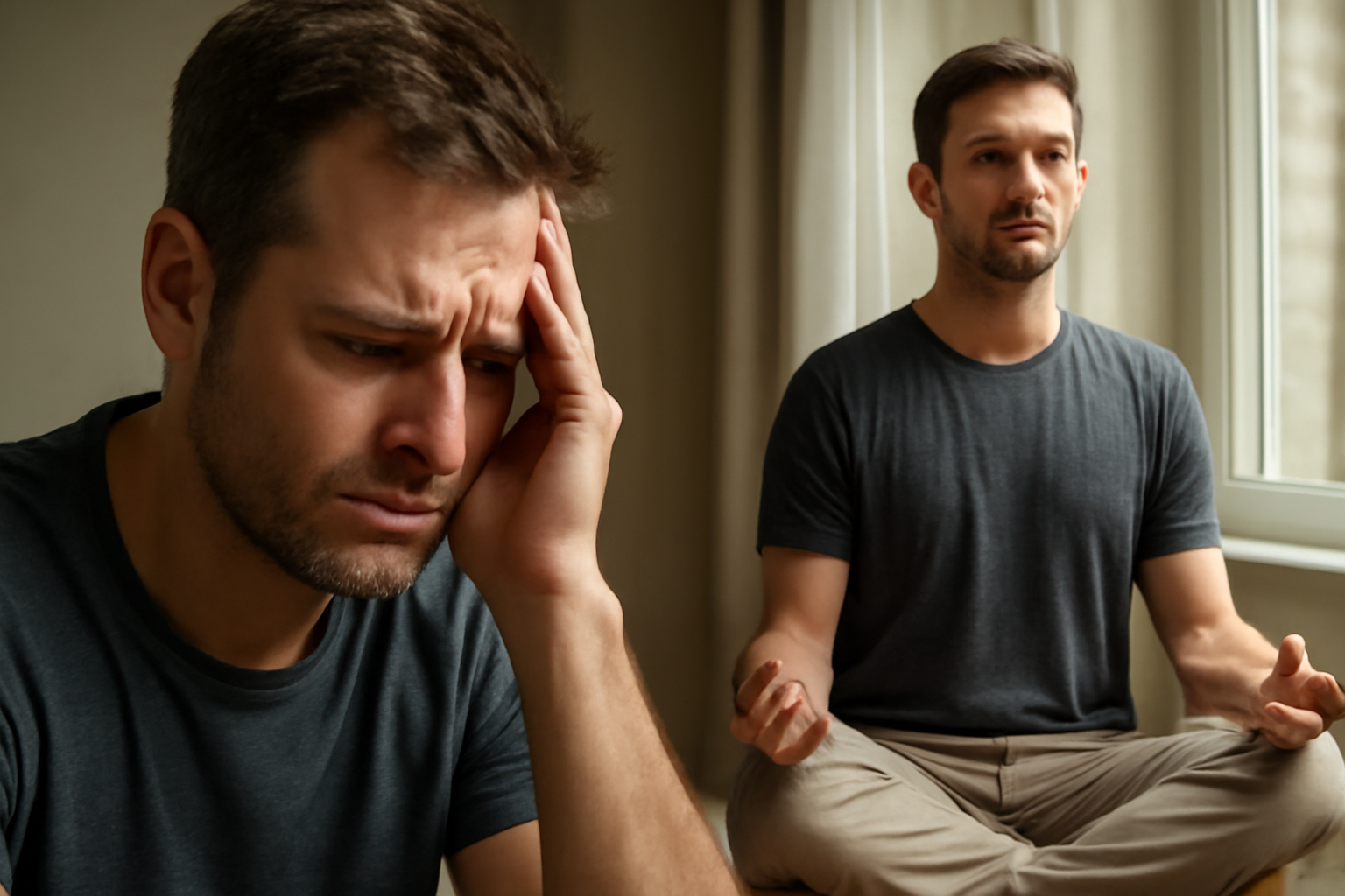 Man feeling stressed and same man meditating by window