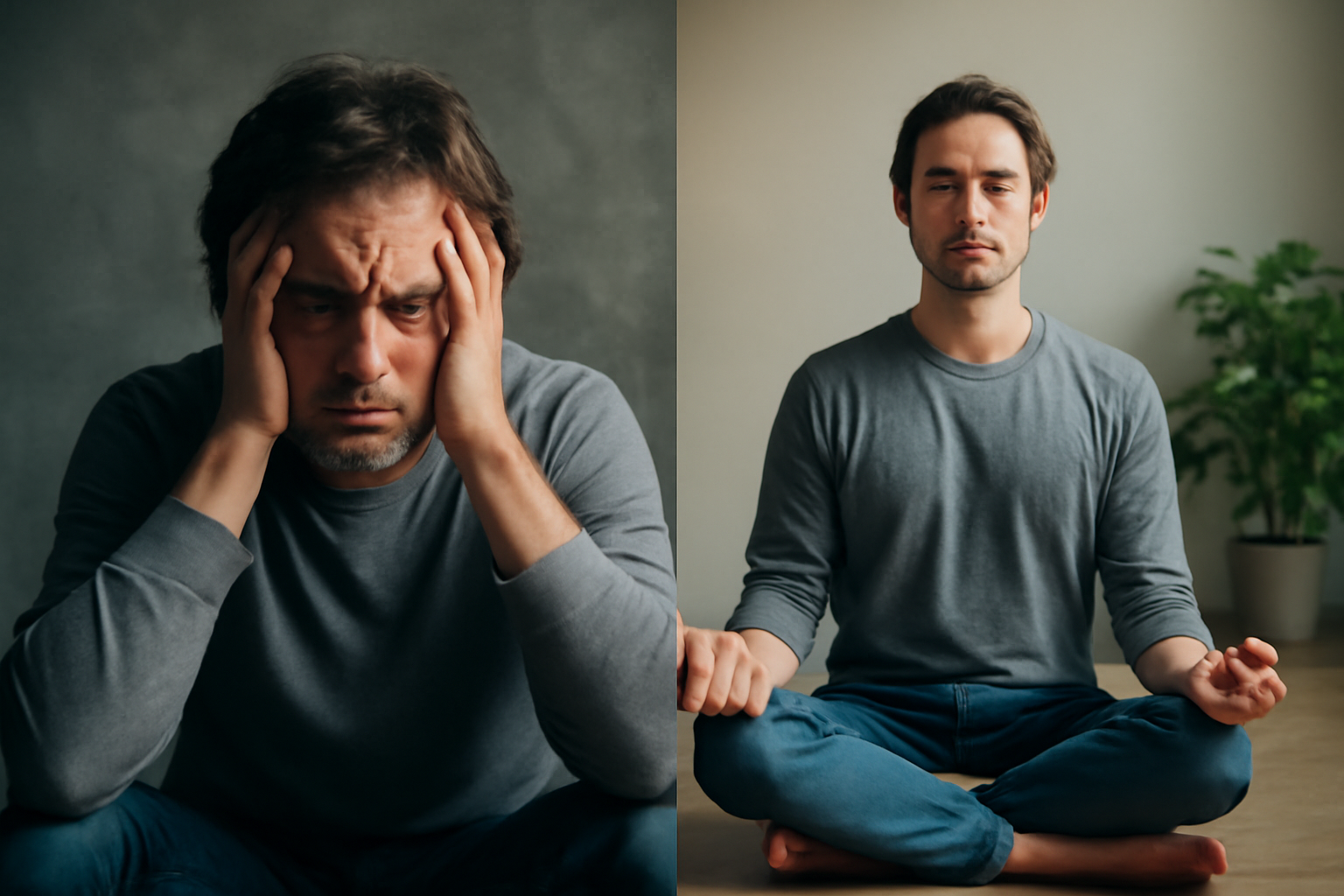 Man showing stressed face and then meditating calmly