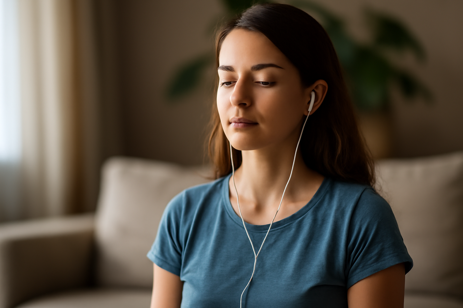 Woman meditating with earbuds at home