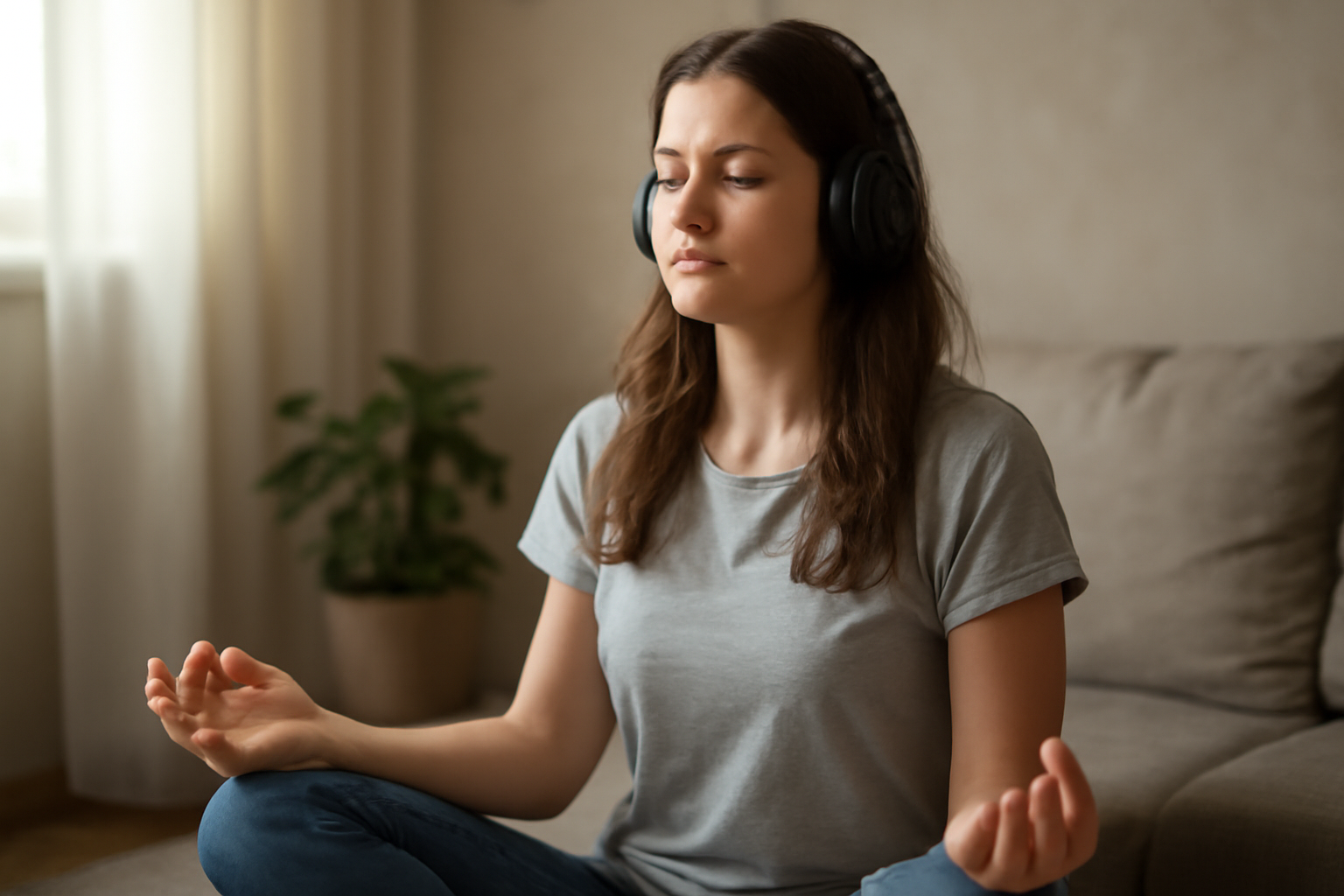 Woman meditating with headphones on in a calm living room