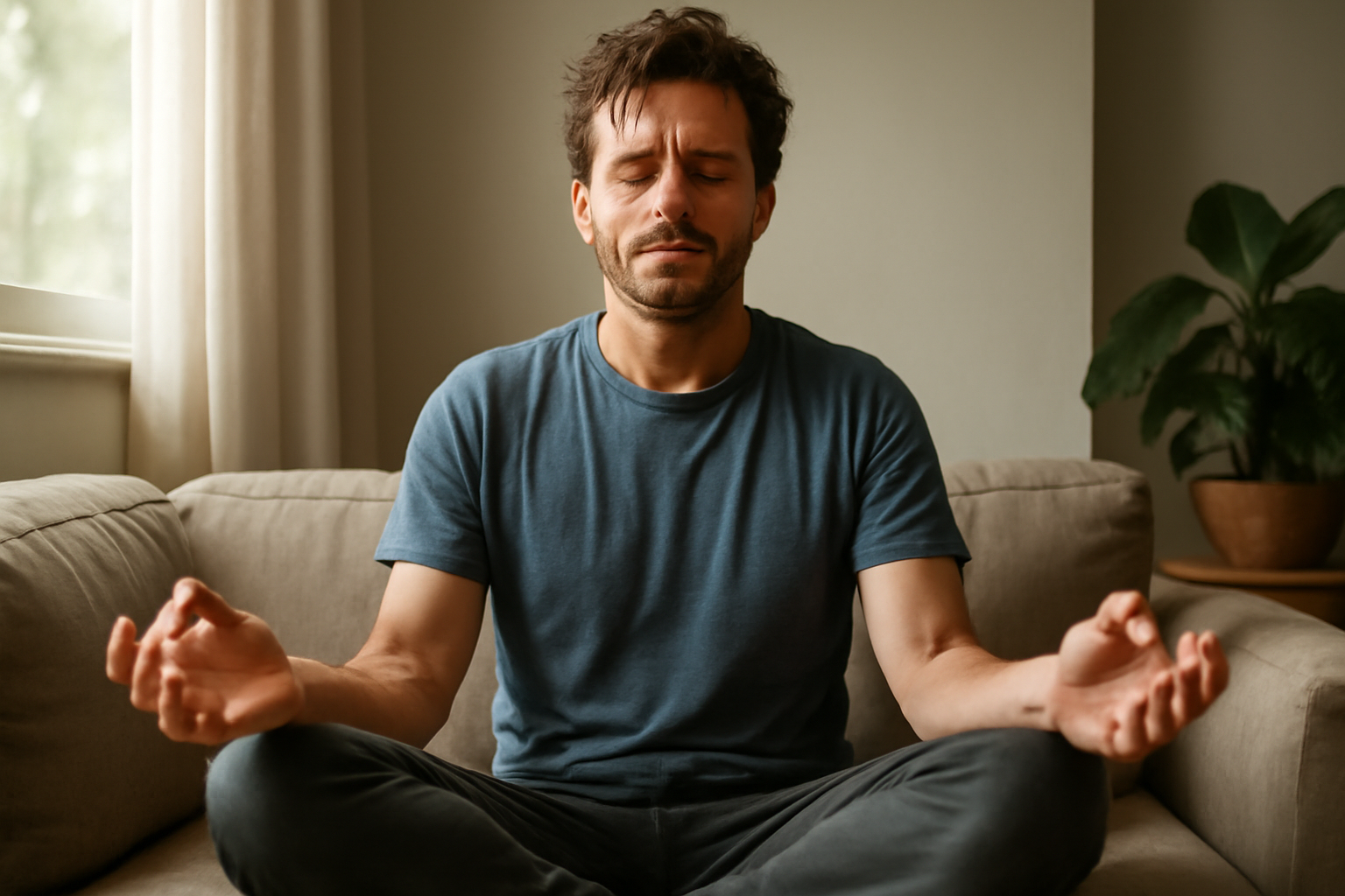 Man meditating cross-legged with eyes closed on sofa
