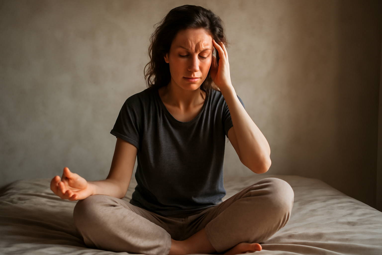 Woman sitting cross-legged holding head with eyes closed