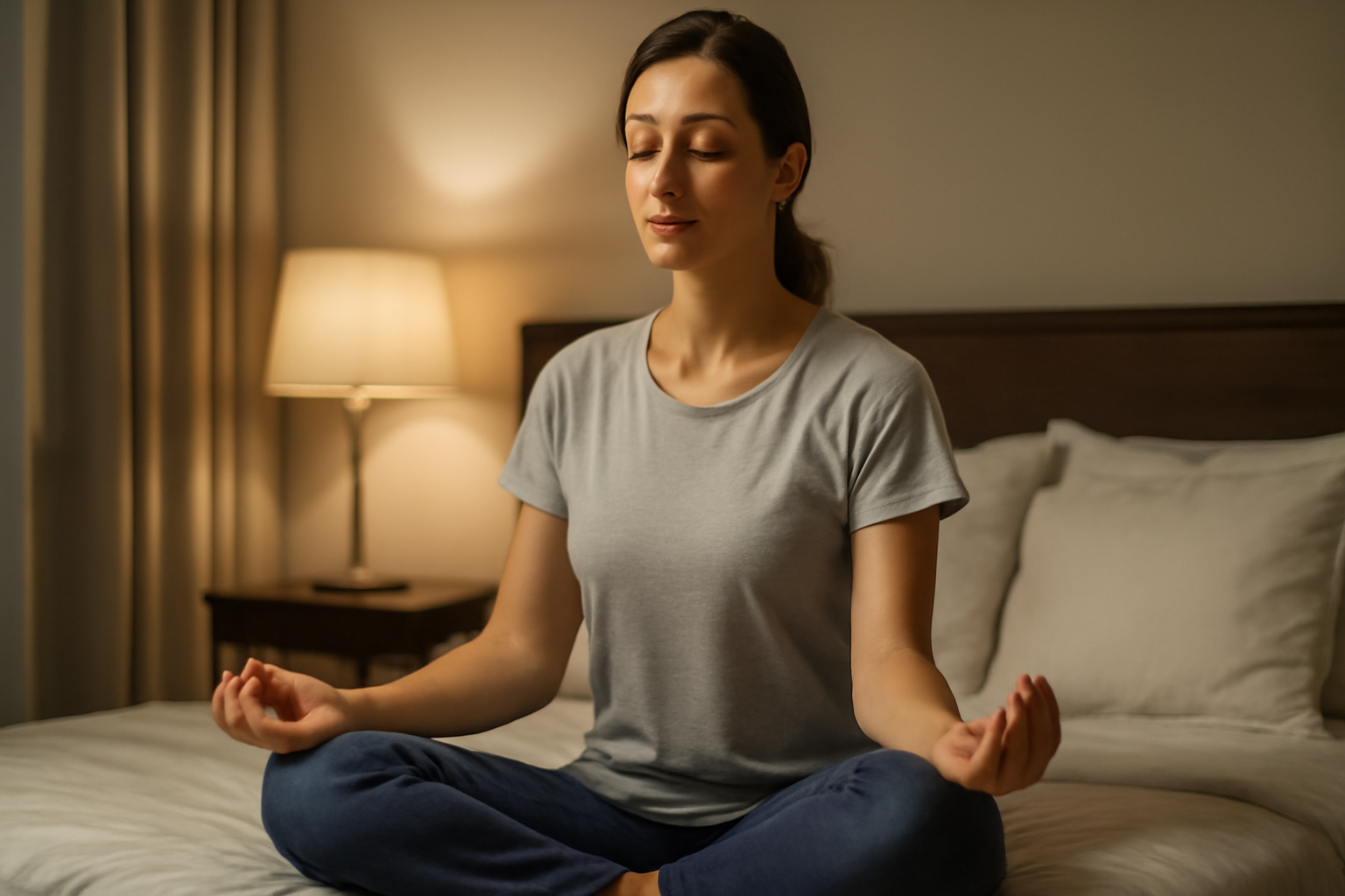 Woman meditating in a calm bedroom setting