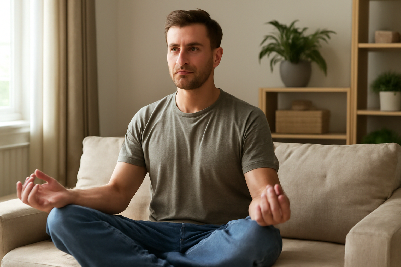 Man seated cross-legged meditating indoors on a couch
