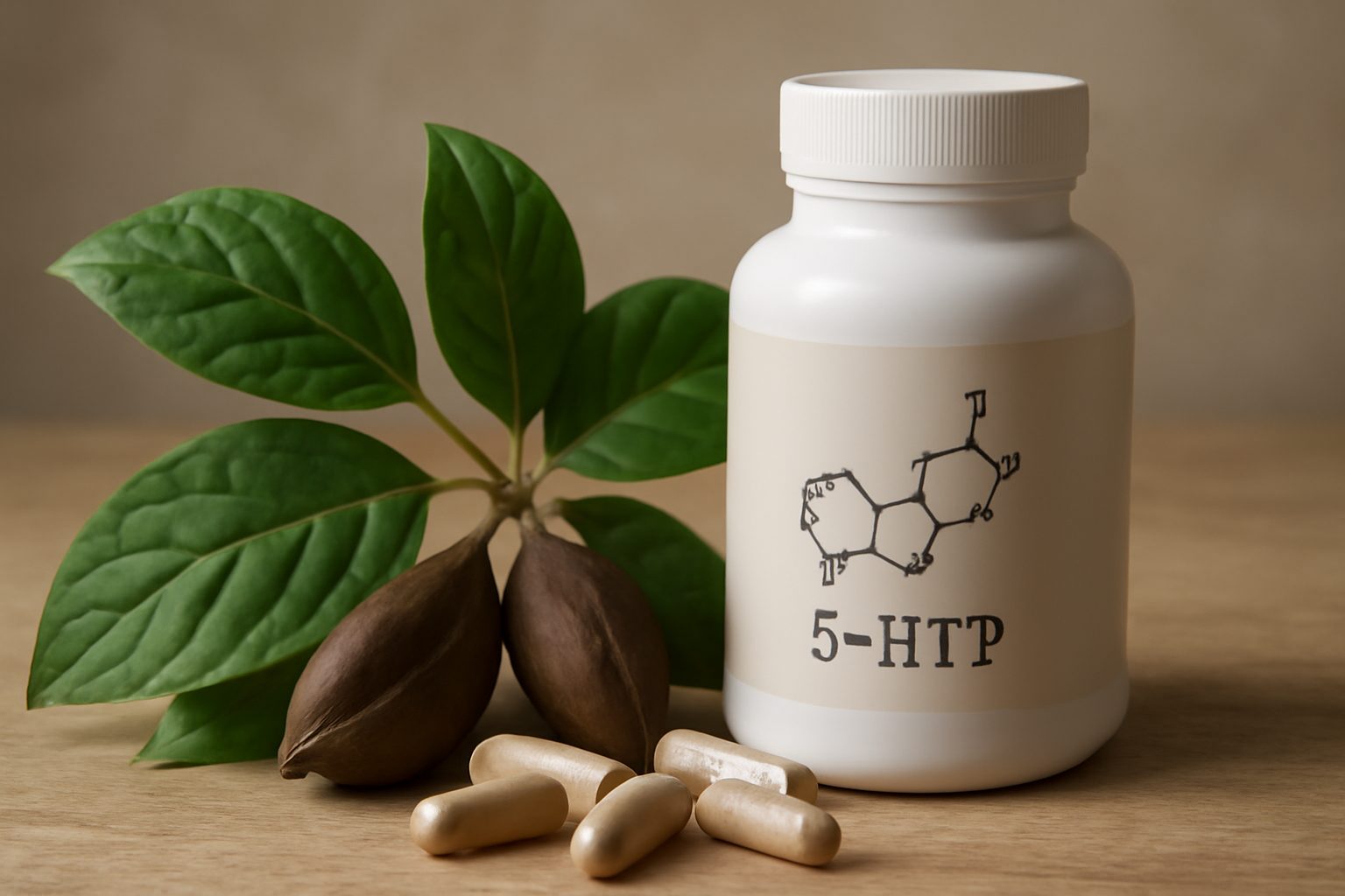 Bottle of 5-HTP capsules with green leaves and seeds