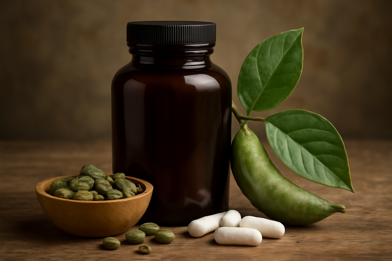 Brown supplement bottle with 5-HTP capsules, seeds, and green leaves