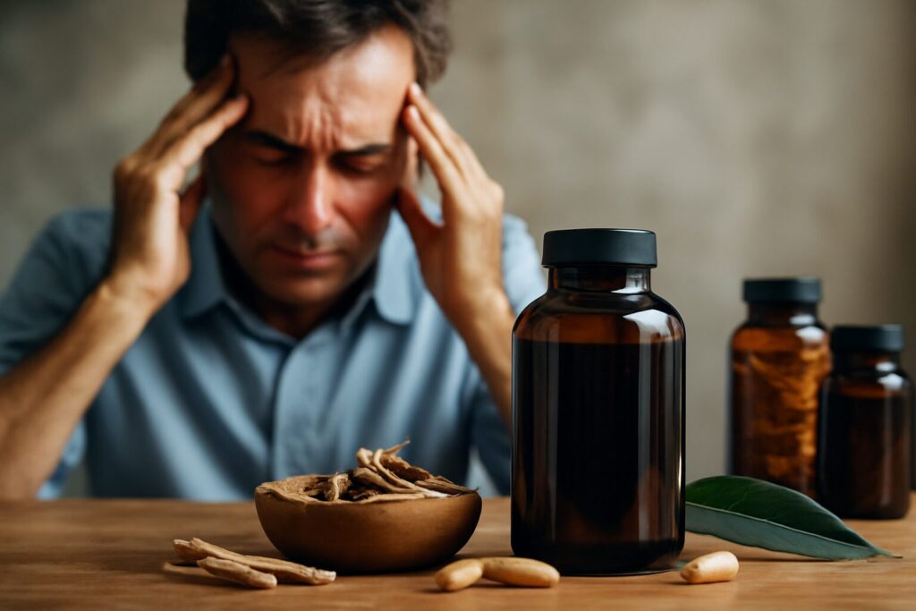 Bottles of natural supplements such as ashwagandha, rhodiola, and magnesium, commonly used to help lower cortisol and manage stress levels.