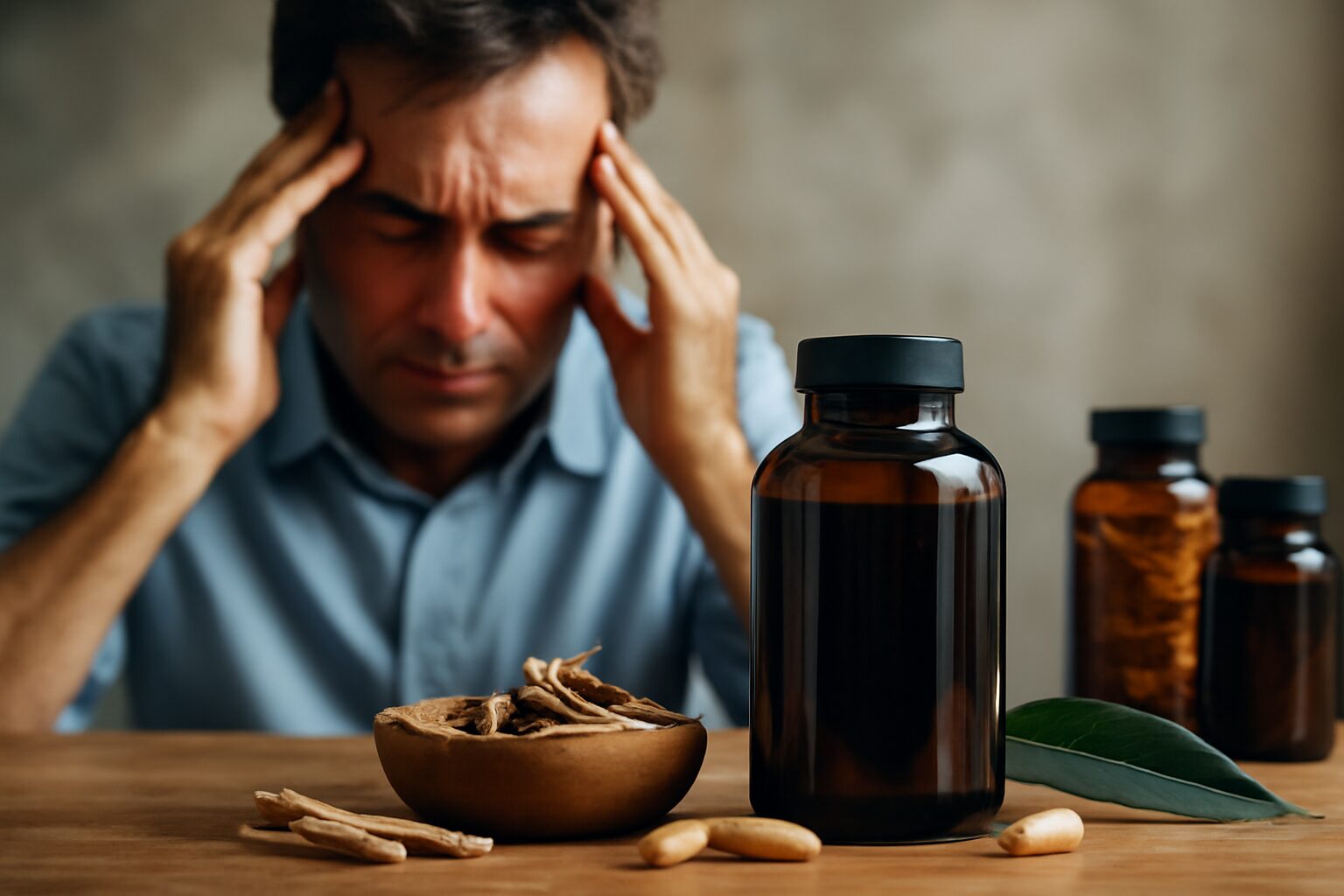 Bottles of natural supplements such as ashwagandha, rhodiola, and magnesium, commonly used to help lower cortisol and manage stress levels.