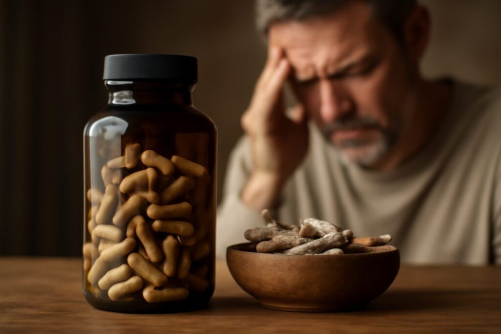 A bottle of ashwagandha capsules placed beside a cup of herbal tea, symbolizing natural stress relief and relaxation through herbal supplements.