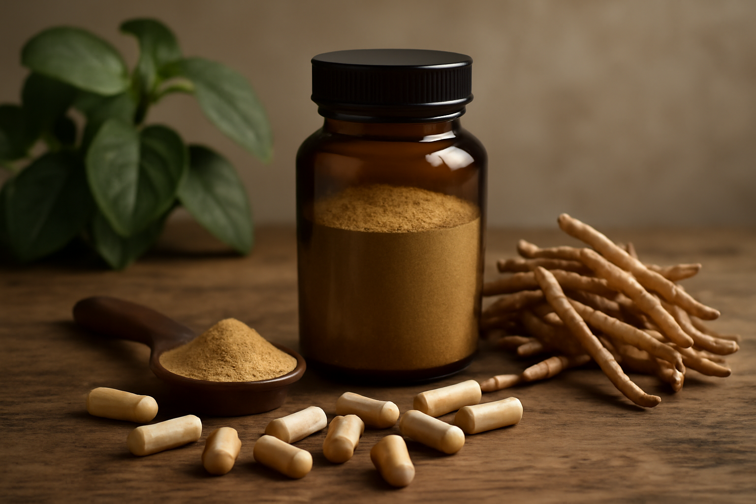 Brown jar of ashwagandha powder with capsules and roots