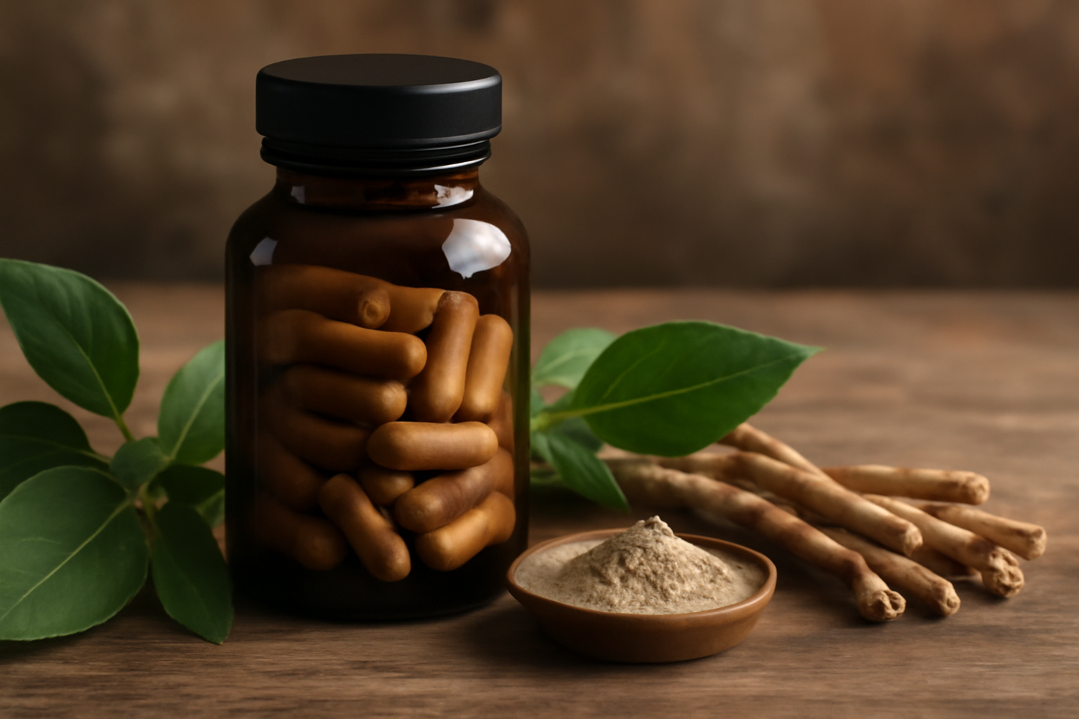 Brown bottle with capsules, ashwagandha powder, root sticks, and green leaves