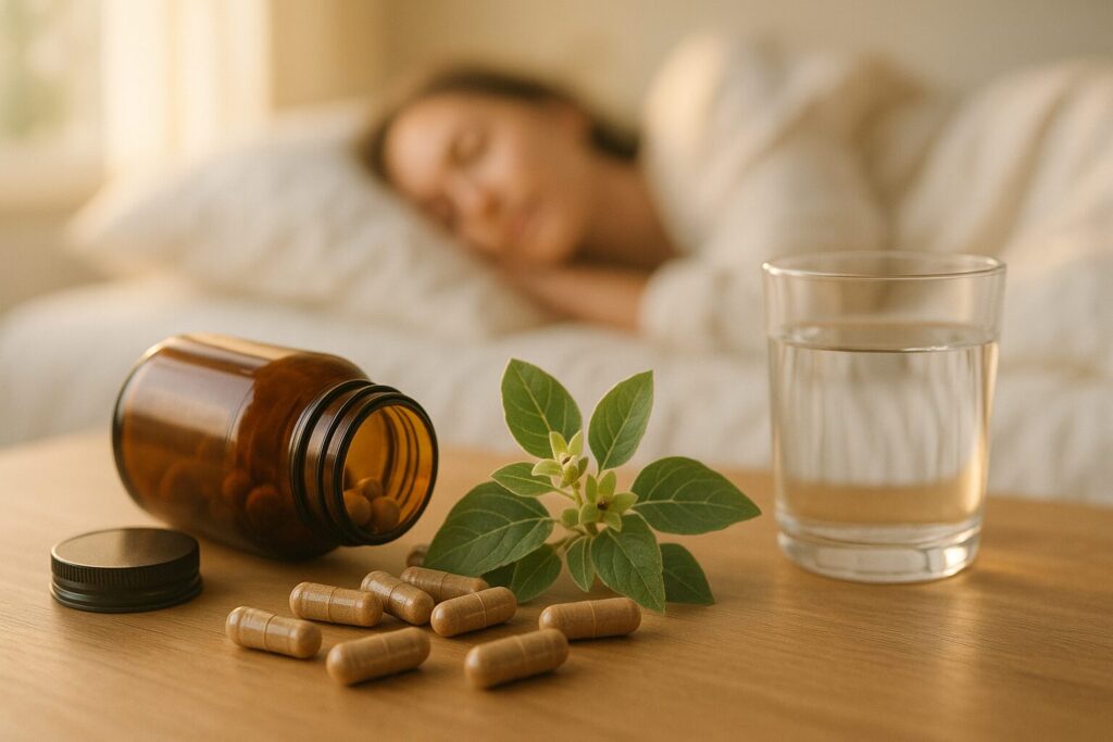 A bottle of ashwagandha capsules placed beside a pillow, illustrating its use as a natural supplement to support better sleep and relaxation.