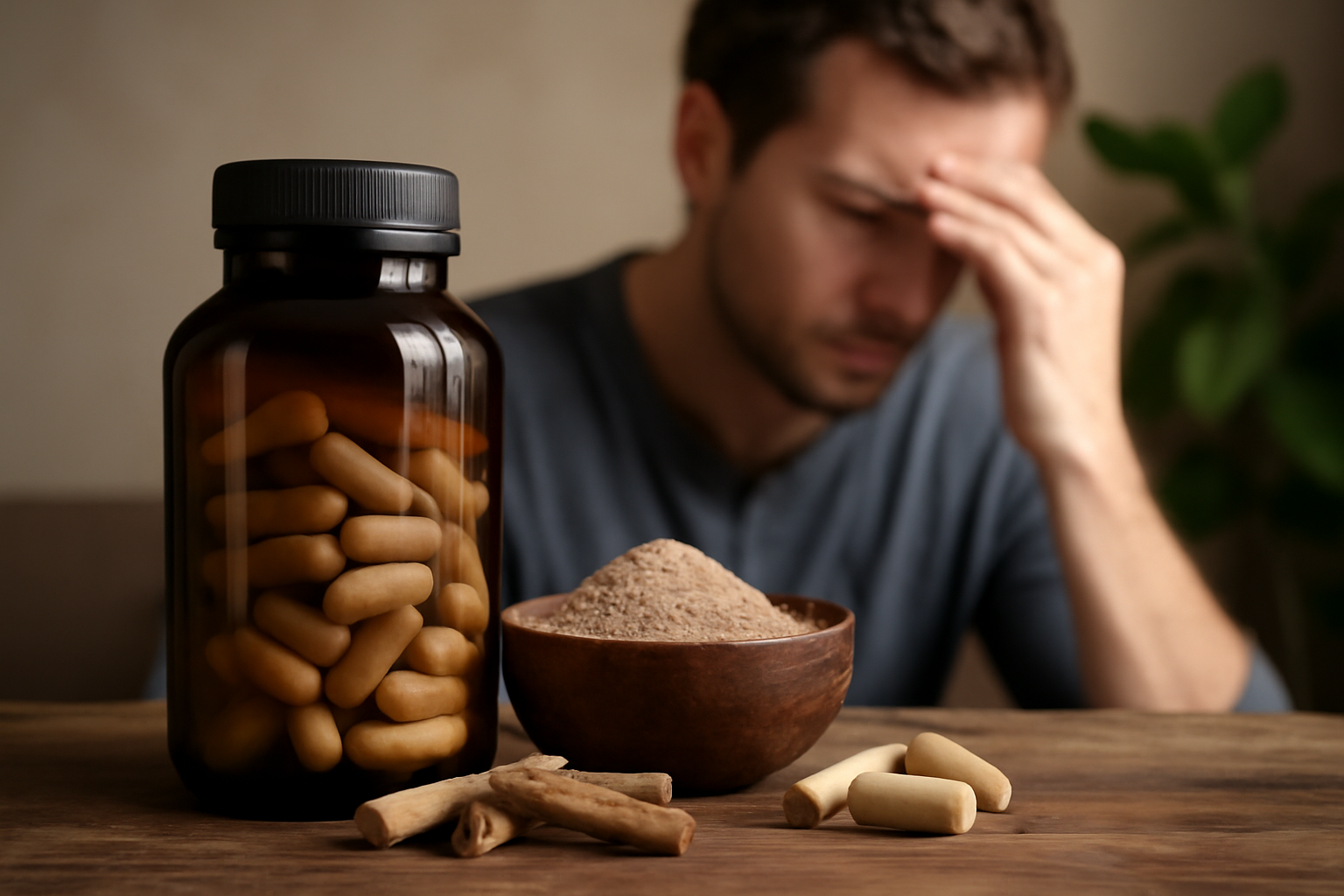 Brown capsules, powder, and roots with stressed man in background