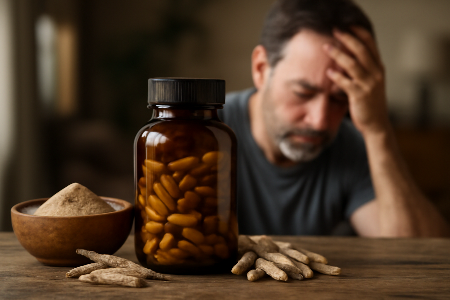 Bottle of capsules, ashwagandha roots, powder, and stressed man