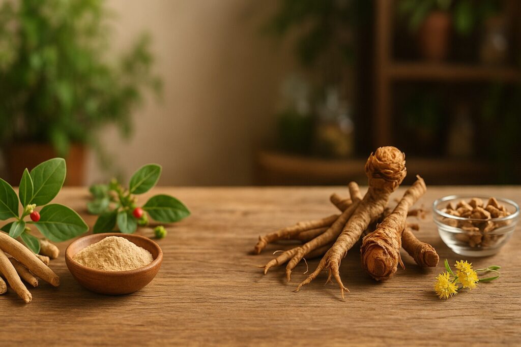 Comparison of ashwagandha and rhodiola roots, highlighting differences in appearance and traditional uses for stress relief and energy enhancement.