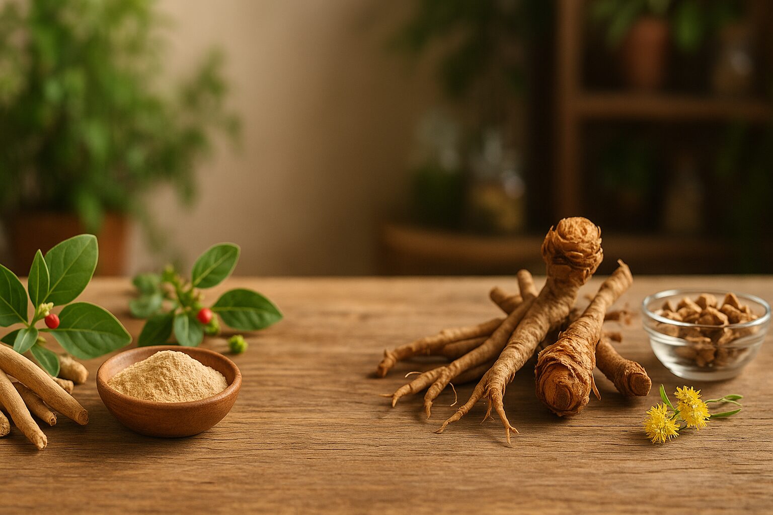 Comparison of ashwagandha and rhodiola roots, highlighting differences in appearance and traditional uses for stress relief and energy enhancement.