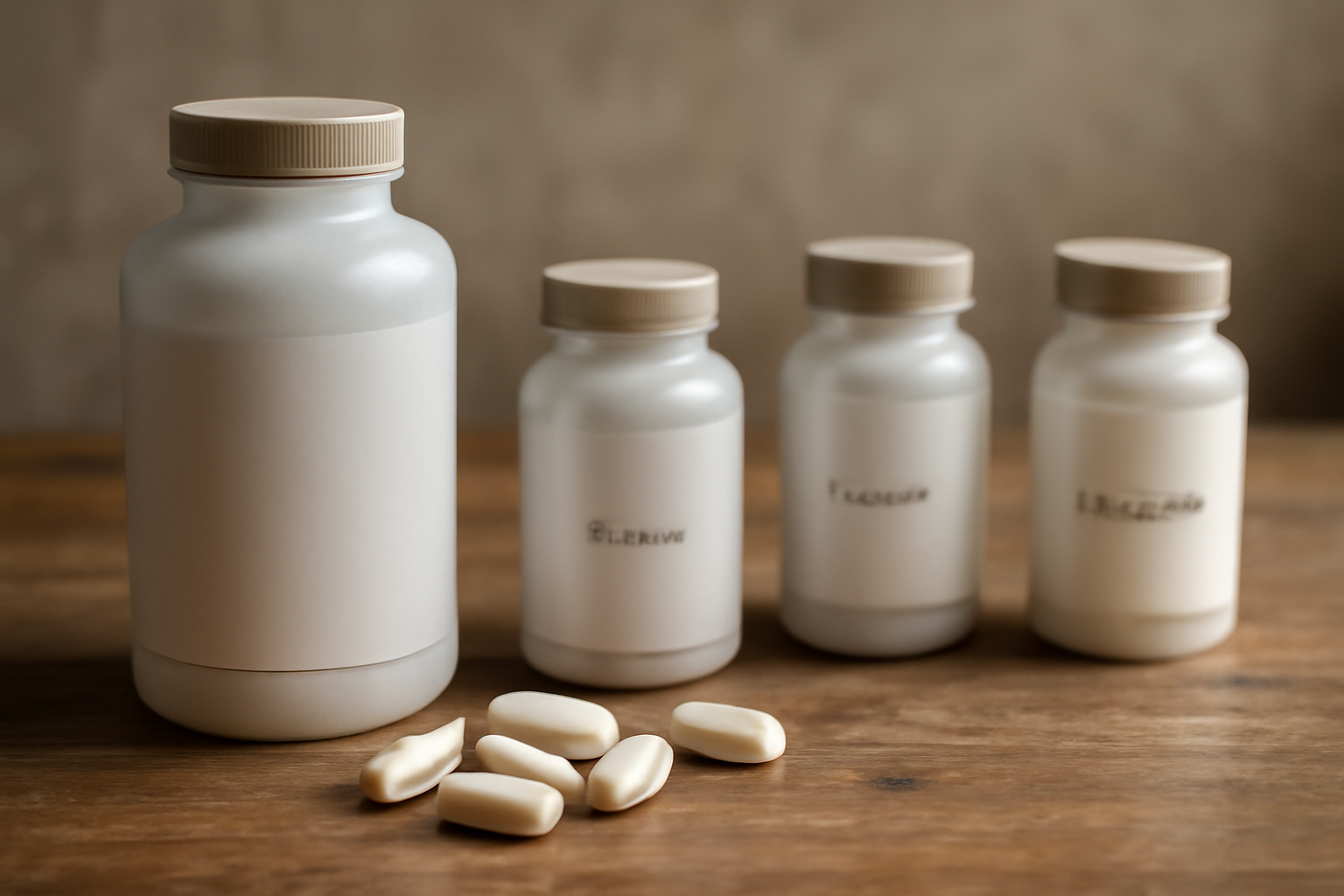 White supplement bottles and tablets on wooden surface