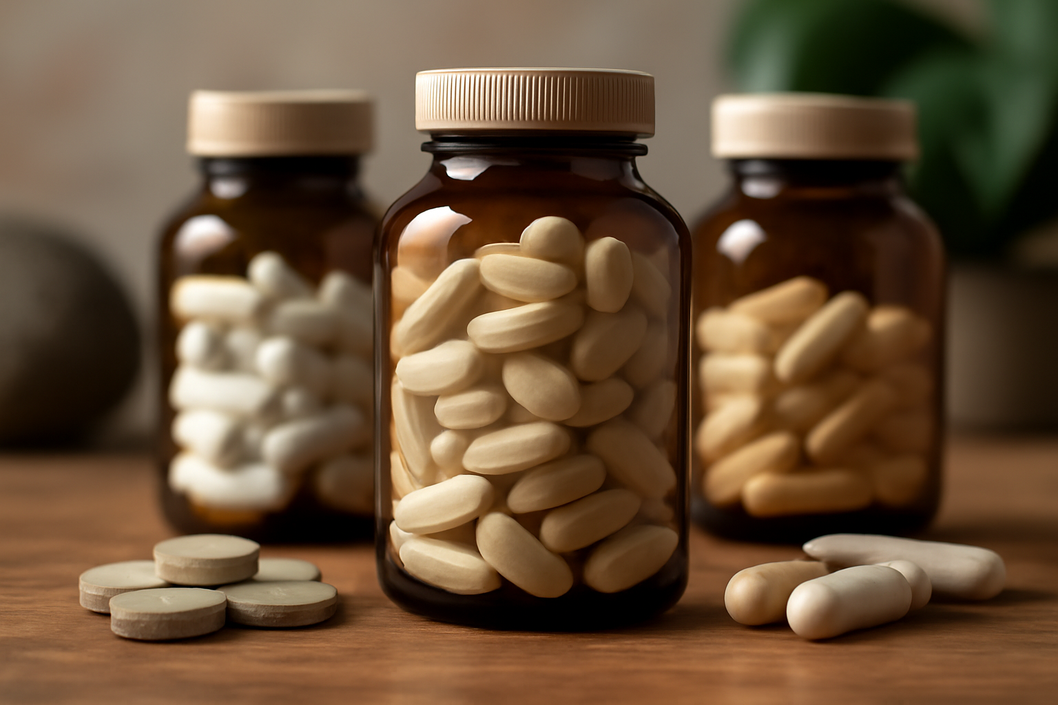 Three amber bottles filled with beige and white capsules and pills