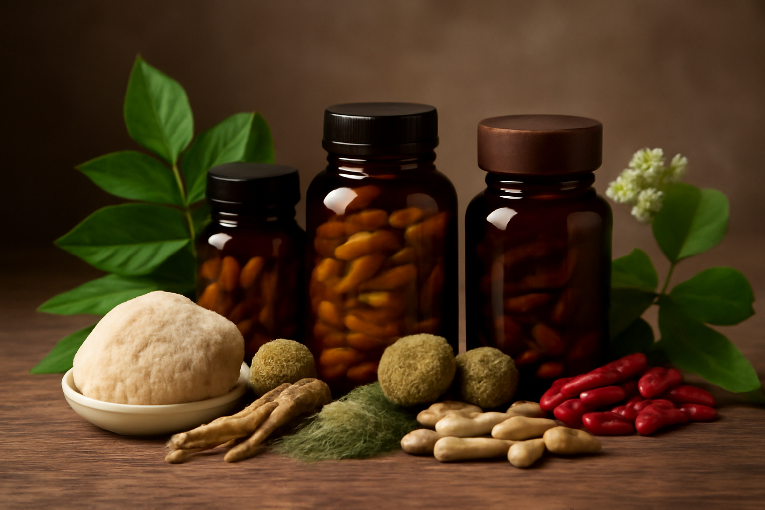 Various natural supplements and herbs with green leaves