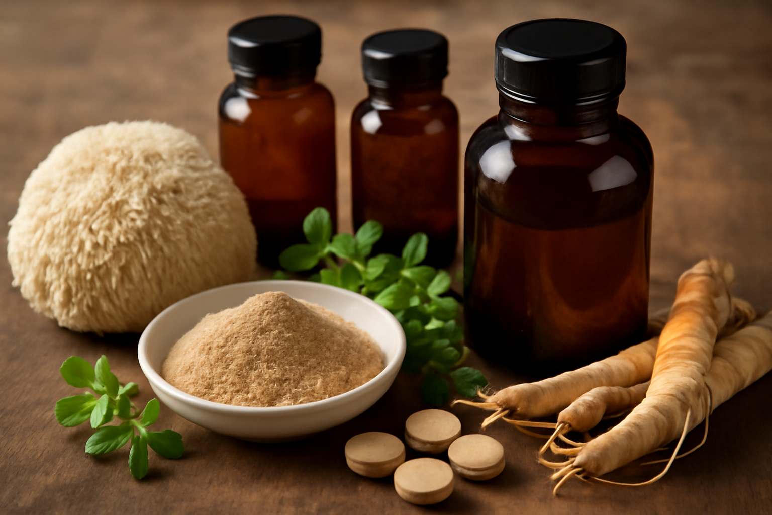 Dark supplement bottles, herbal roots, powder, and tablets on wood