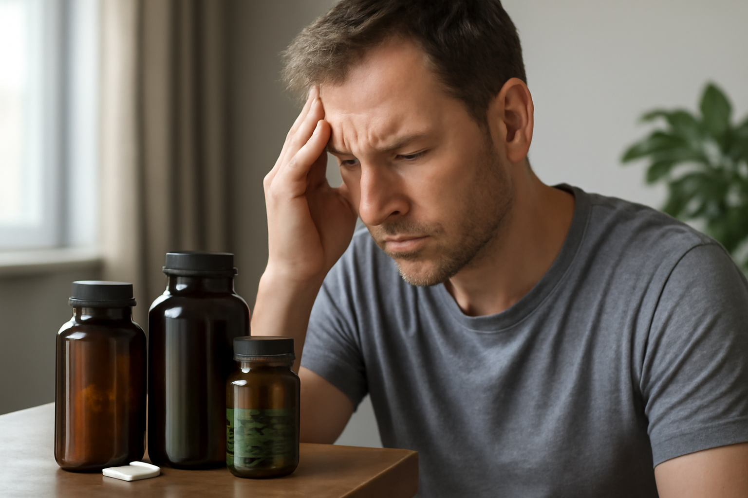 Worried man looking at supplement bottles and pills on table