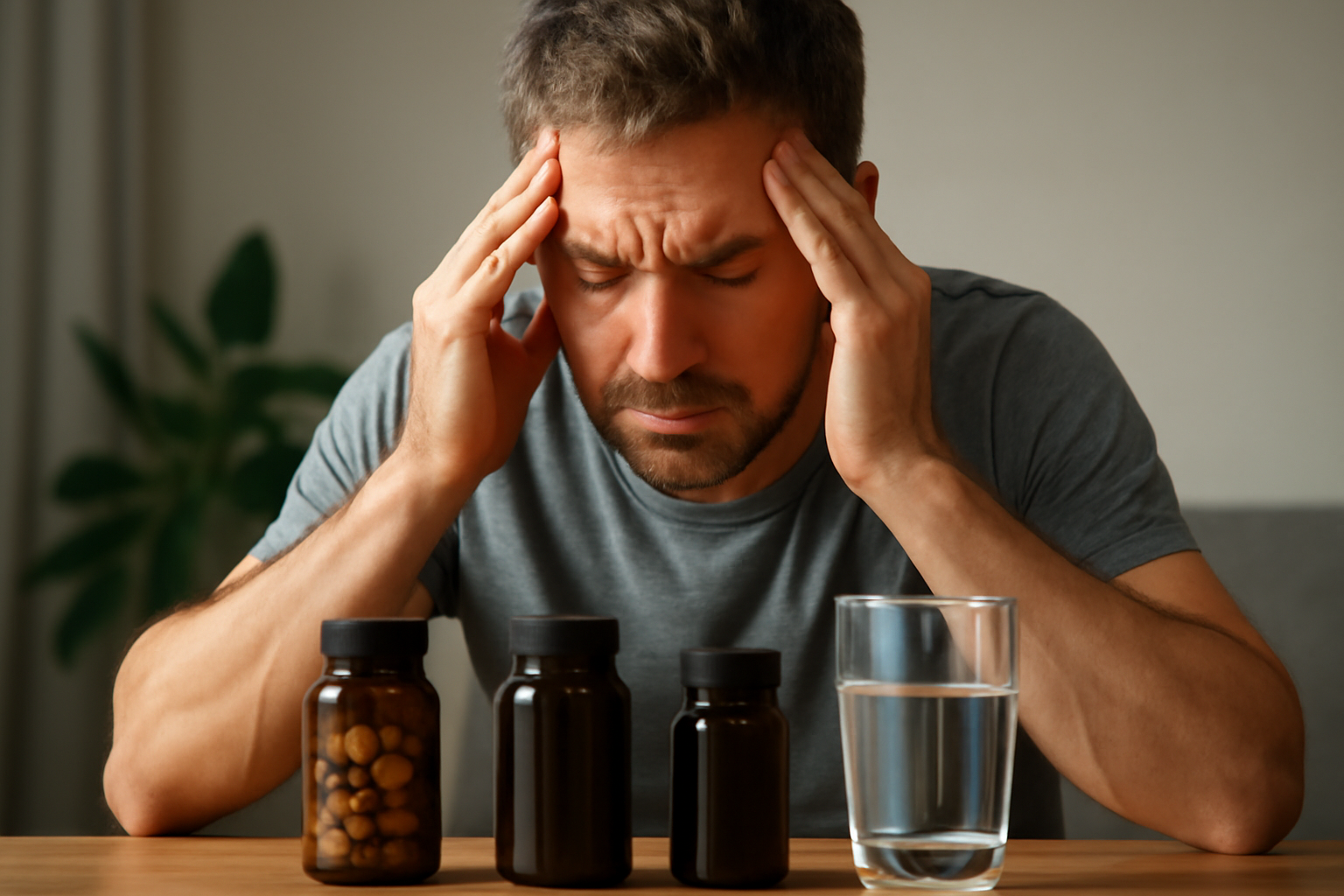 Man with headache and supplements on table