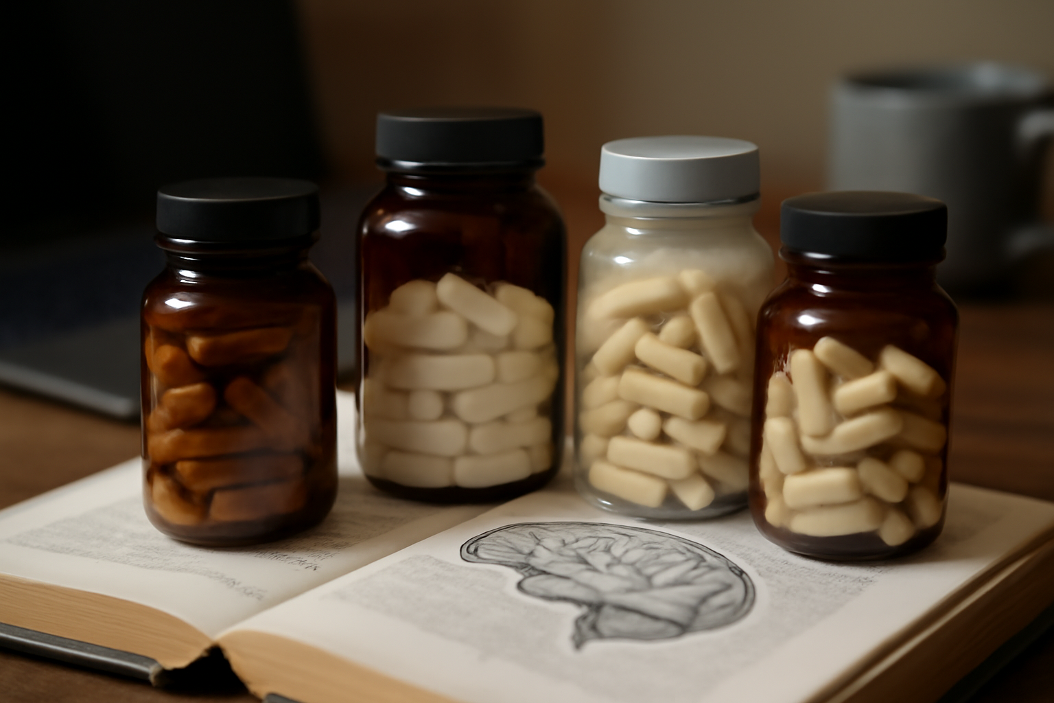Four bottles of capsules on an open book with brain illustration