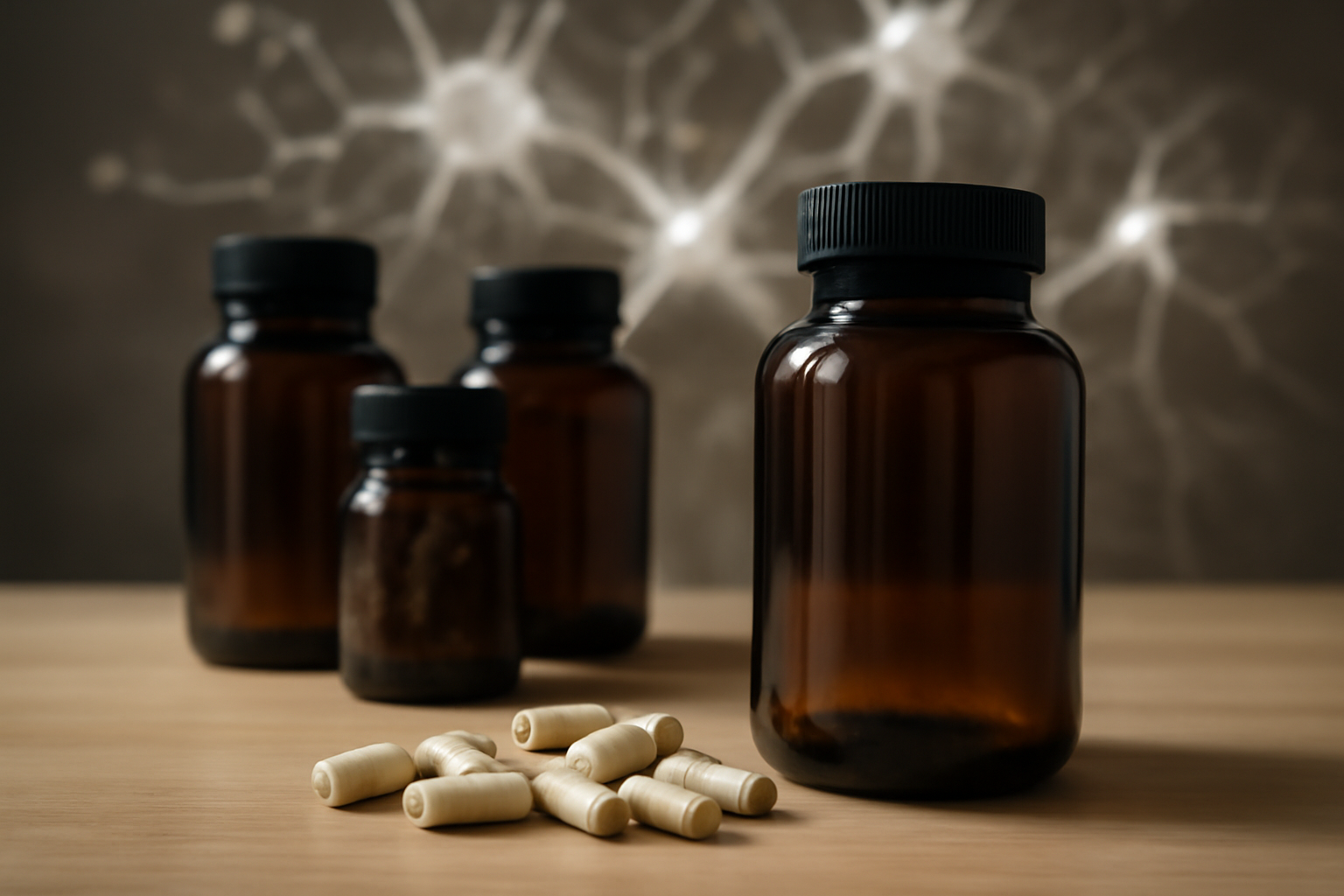 Brown supplement bottles with capsules on wooden surface