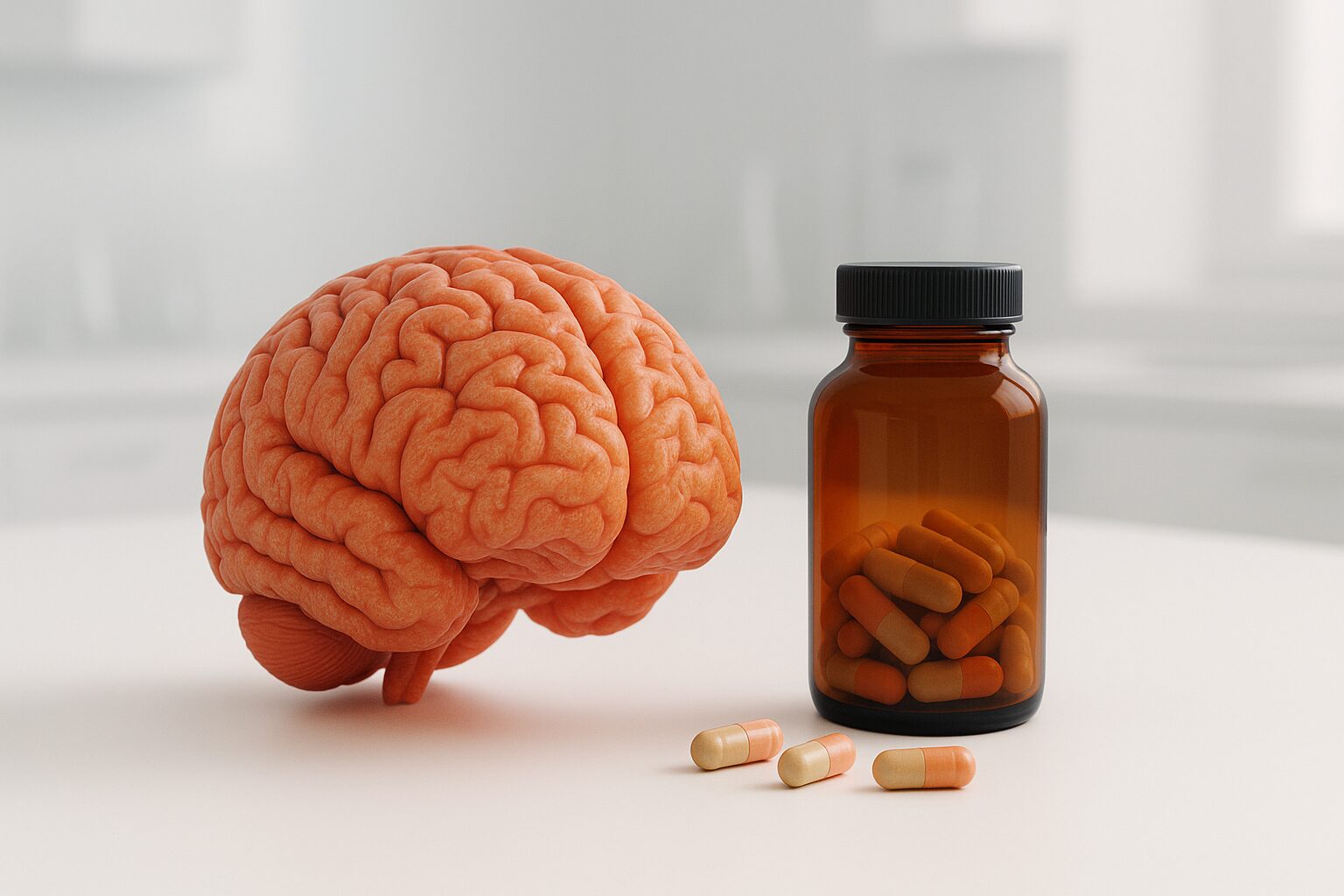 Bottles of top-rated memory supplements with ingredients like ginkgo biloba, omega-3, and bacopa monnieri displayed on a wooden table.