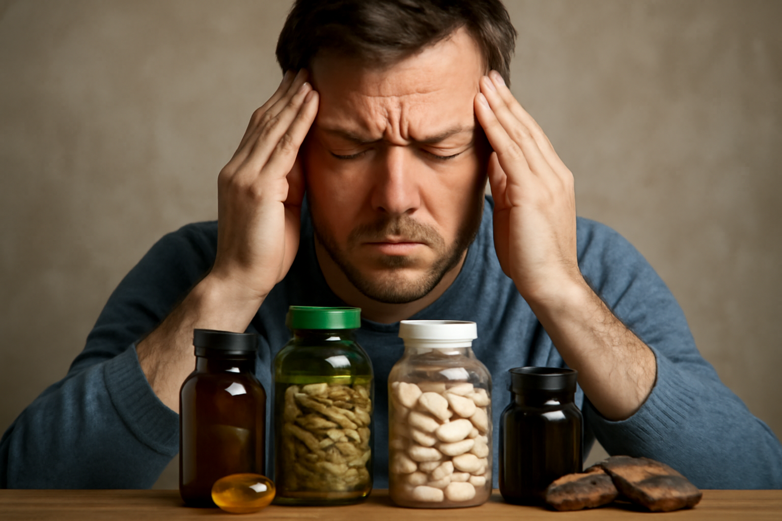 Man holding head with closed eyes beside supplement bottles